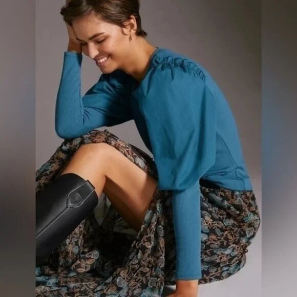 Anthropologie Sunday in Brooklyn Womens Puff Slv ruffle contrast teal top M - Picture 5 of 11